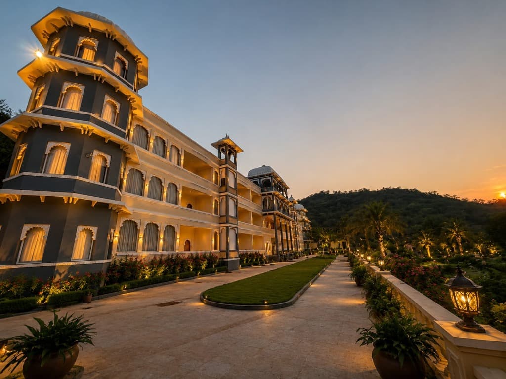 Main building of Vanya Vilas resort at dusk